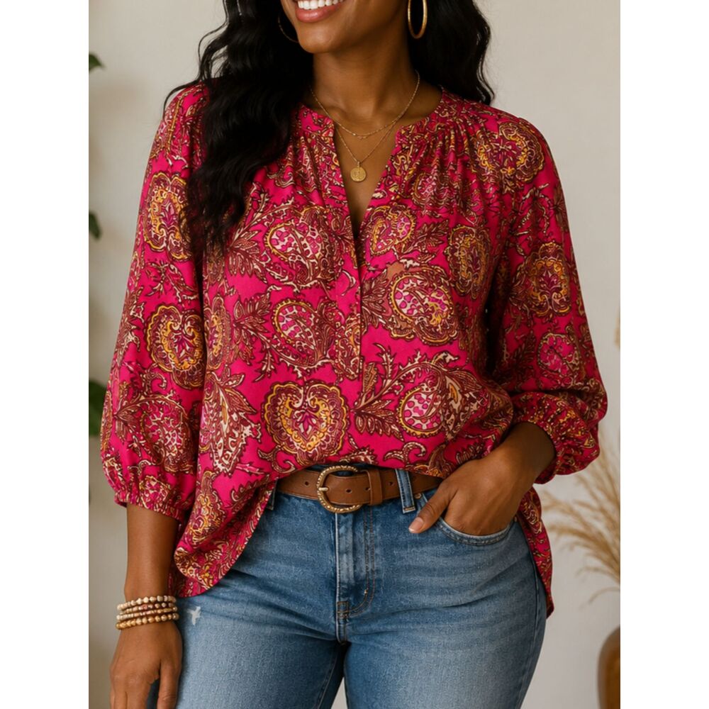 LOFT Large Pink Paisley Boho Blouse 3/4 Sleeve Split Neck Relaxed Tunic Top